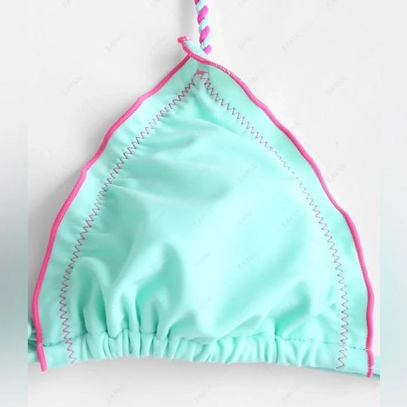 BIKINI TOP - HALTER STYLE  AQUA/HOT PINK LETTUCE TRIM STRING - Picture 5 of 5
